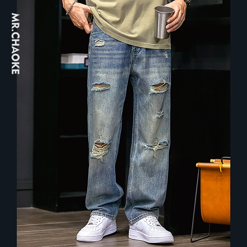 Mrchaoke Summer Ripped Jeans Men's Trendy Loose Straight Casual Pants Drapey Plus Size American Style Pants