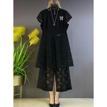 Fat Sister 2023 Summer New Plus Size Womens Clothes Covering Flesh and Slimming Lace Tops Wide Leg Pants Two-piece Suit Trendy