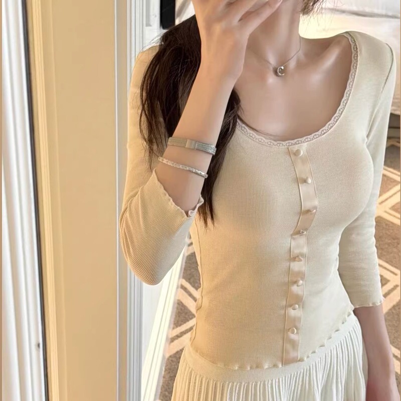 Exclusive to Unoone! Moonlight Lace U-Neck Mid-Sleeve T-Shirt for Women, Nine-Quarter Sleeves, Slim-Fit Knit Top for Spring