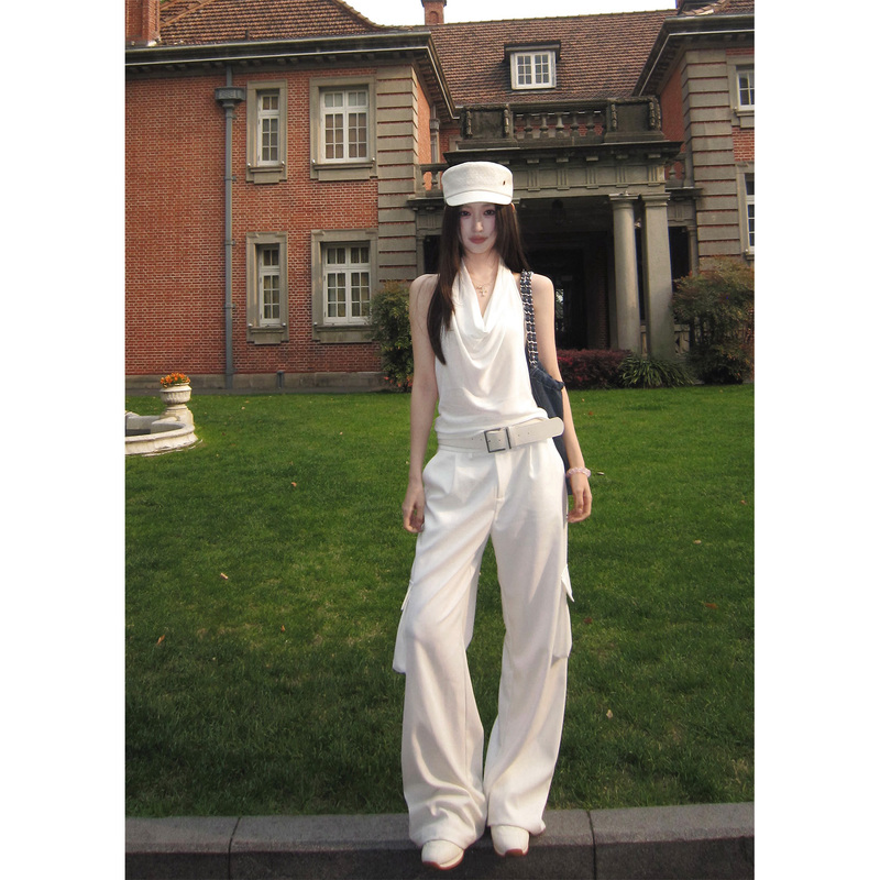 Unoone Exclusive Versatile High-Waisted Straight-Leg Multi-Pocket Casual Cargo Pants White Loose Drape Wide-Leg Pants Summer Unoone Exclusive Versatile High-Waisted Straight-Leg Multi-Pocket Casual Cargo Pants White Loose Drape Wide-Leg Pants Summer