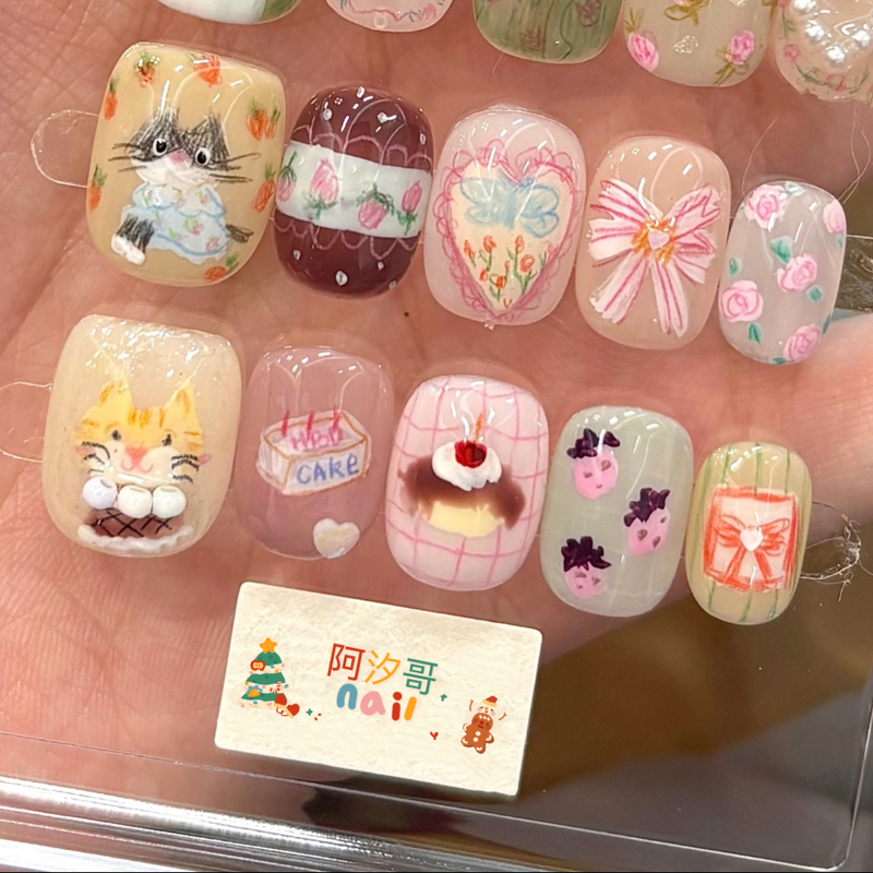 Purely Handmade Wearable Nails, Korean Style, ins Cute Cartoon Cat Hand-Painted Graffiti, Sweet and Cool, Detachable Fake Nails, Short Style