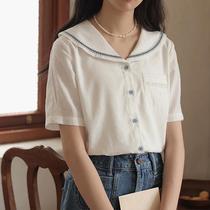 Nesoulmu white embroidered pocket short-sleeved shirt womens summer 2023 new style French retro v-neck top