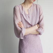 JOJOZ Lilac small round neck see-through pleated shirt with suspenders French gentle and fashionable niche shirt for women 23ss