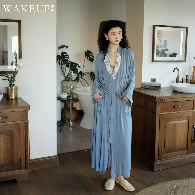 Autumn and Winter New Product】Wakeup Original French Retro Nightgown, Skin-Friendly Elastic Knitted Bathrobe That Can Be Worn Outside for Women