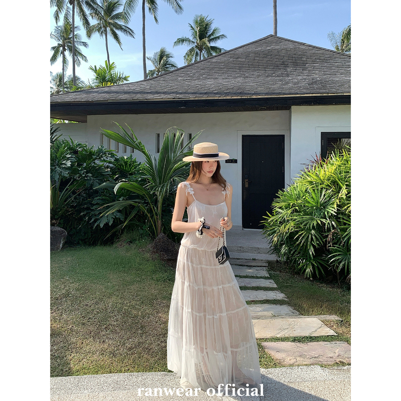 Ranwear'Daydreamer' French-Style Heavy Lace Suspender High-Waisted Draped Tulle Tiered Long Dress Ranwear'Daydreamer' French-Style Heavy Lace Suspender High-Waisted Draped Tulle Tiered Long Dress