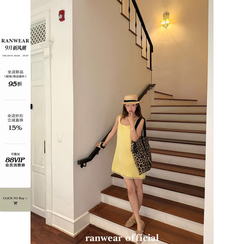 Ranwear's Frame-Like Starlight Heavy Lace Trim Square-Neck Flowing Satin Drape A-Line Slimming Dress Ranwear's Frame-Like Starlight Heavy Lace Trim Square-Neck Flowing Satin Drape A-Line Slimming Dress