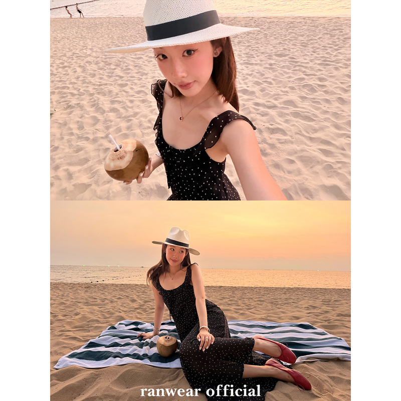Ranwear'Encounter with Paris' Round-Neck Ruffled Tie-Waist Draped Double-Patterned Long Dress with Straps