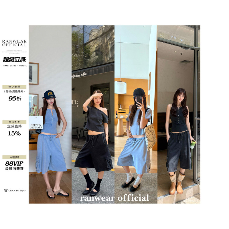 Ranwear Is Super Heavy-Duty! 'Personality Statement' Asymmetrical Shoulder Color-Blocked Button T-Shirt and Workwear Pocket Shorts Two-Piece Set