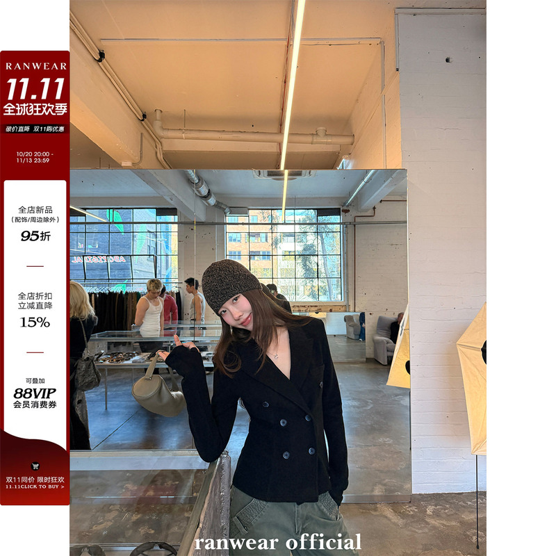 Ranwear "New York Times" Elegant Double-Breasted Woolen Coat for Women, Short Style