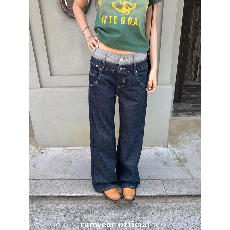 Ranwear'New York Street Style' Fashionable Design Color-Blocked Waistband Loose Wide-Leg Pants Versatile Jeans