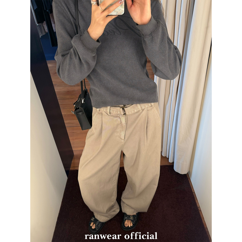Ranwear'Old Money' Retro Relaxed Waistband Pleated Vintage Straight-Leg Loose Casual Pants with Belt