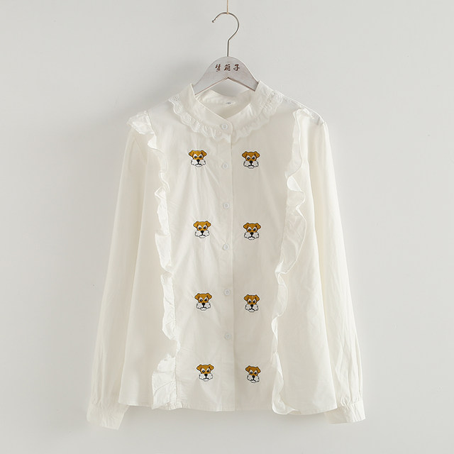 Dog embroidered lace stand collar cotton shirt