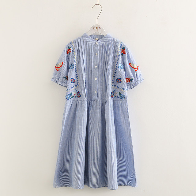 Dream Box 2023 Summer New Flower Butterfly Embroidered Cotton Skirt Women's Stand-up Collar Short-Sleeve Accordion Pleated Forest Women's Dress