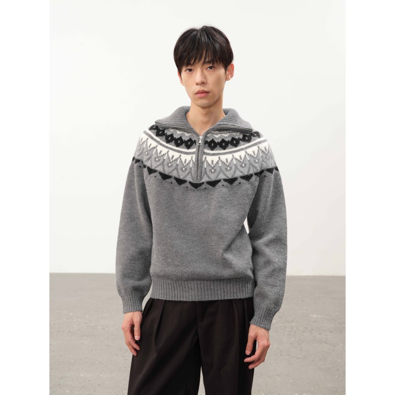 Stay the Night Fair Isle Jacquard Half-Zip Turtleneck Knit Faux Cashmere Sweater with an Autumn and Winter Vibe