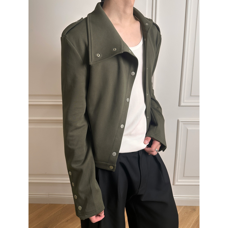 Stay the Night Asymmetrical Placket Multi-Shaped Shoulder Patch Jacket with Snap Buttons, Slim Fit, Short Style