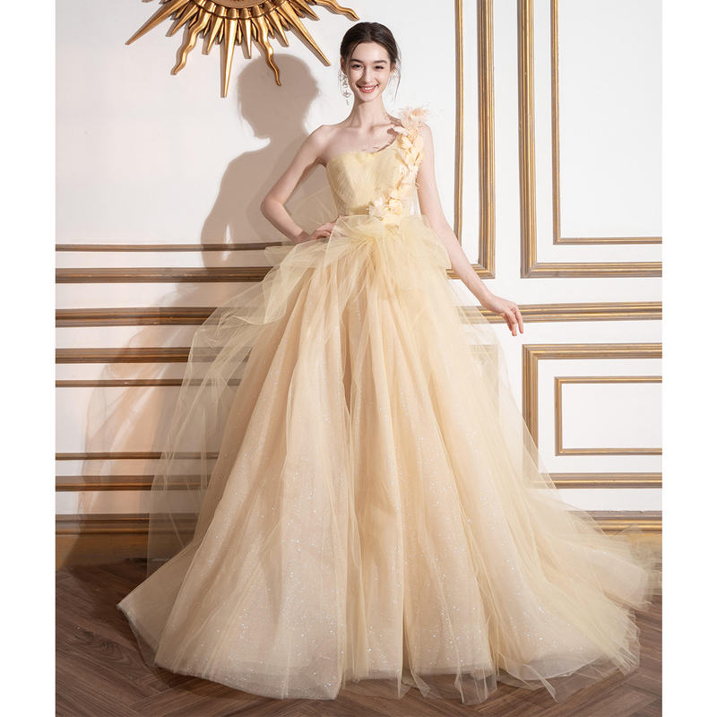 French-Style Yellow Evening Dress for Women, High-End Light Luxury, Niche Birthday Party, Coming-Of-Age Ceremony, Princess-Style, Large Train, Beautiful Tulle Dress French-Style Yellow Evening Dress for Women, High-End Light Luxury, Niche Birthday Party, Coming-Of-Age Ceremony, Princess-Style, Large Train, Beautiful Tulle Dress