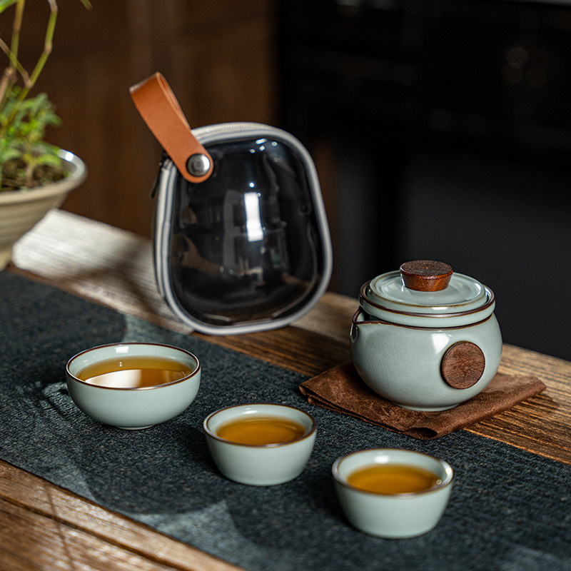 Портативный дорожный чайный сервиз Ru Kiln, набор для питья на одного человека, чашка Куайке, уличный портативный чайный сервиз Кунг-фу, керамический чайник