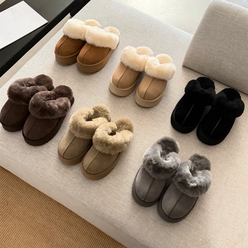 Henan Sangpo Village Wool Toe-Cap Half Slippers for Women, Made of Sheepskin and Fur, Thick-Soled Star Slippers, Genuine Leather and Fur Slippers for Outdoor Wear