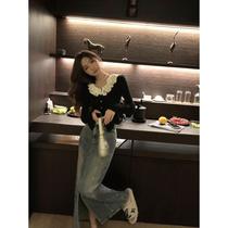 Spot quick-release lotus leaf collar black long-sleeved knitted top for hot girls chic autumn new niche design