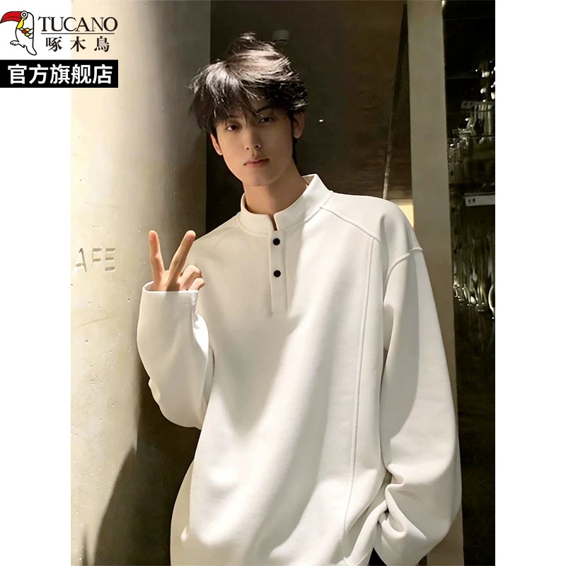 Woodpecker American-Style Straight-Shoulder Short-Sleeve T-Shirt for Men, Autumn White Polo Shirt, Cleanfit Patchwork Long-Sleeve Top
