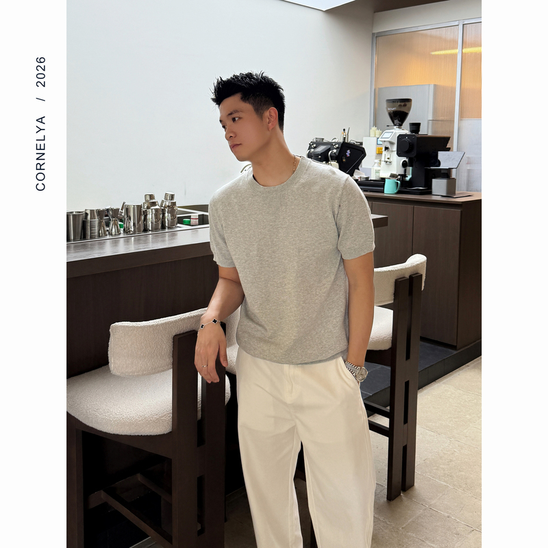 C / Cornelya Cloud Weave Light Luxury High-End Soft Drape Vertical Texture Casual Breathable Knitted Short Sleeves