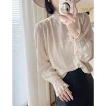 New high-end 2024 autumn clothing new fashion versatile high collar lace shoulder buttons long sleeves fashionable knitted inner wear for women