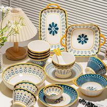 Dishes set household 2024 new ceramic dishes bowls and chopsticks underglaze color housewarming new home bowls plates bowls tableware