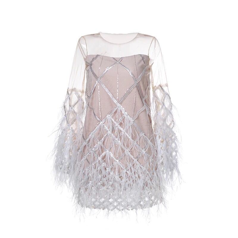 Spring and Summer New Heavy Industry Beading Luxury Pearl Real Feather Ostrich Burr Embroidered Lace Mesh Dress