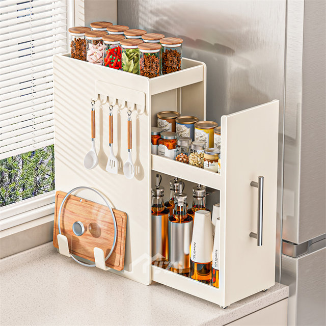 Creamy kitchen storage rack multi-function pull-out extremely narrow edge seasonings seasoning jar storage box counter top seasoning