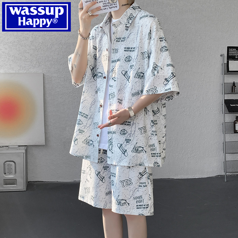 wassup happy短袖花衬衫套装男士夏季海边沙滩青少年休闲一套穿搭