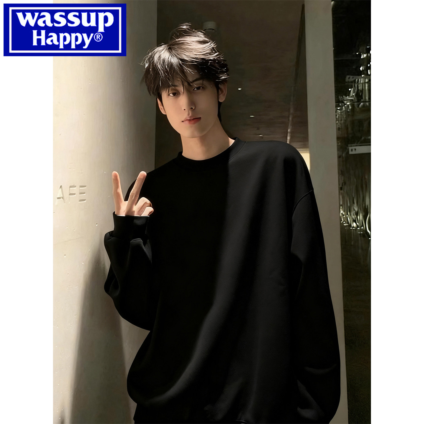 wassup happy黑色厚棉T男款春秋新款T恤青少年长袖内搭衣潮流百搭