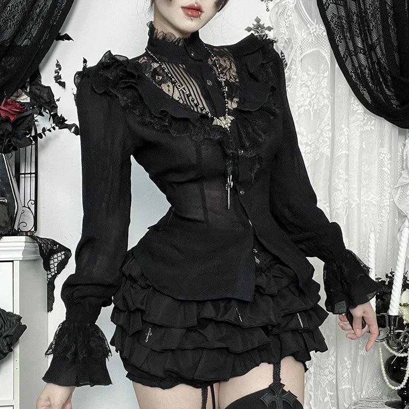 CF25242 Halloween New Lace Hollow-out Long-sleeved Top, Autumn Dark Style Comfortable Casual Shirt