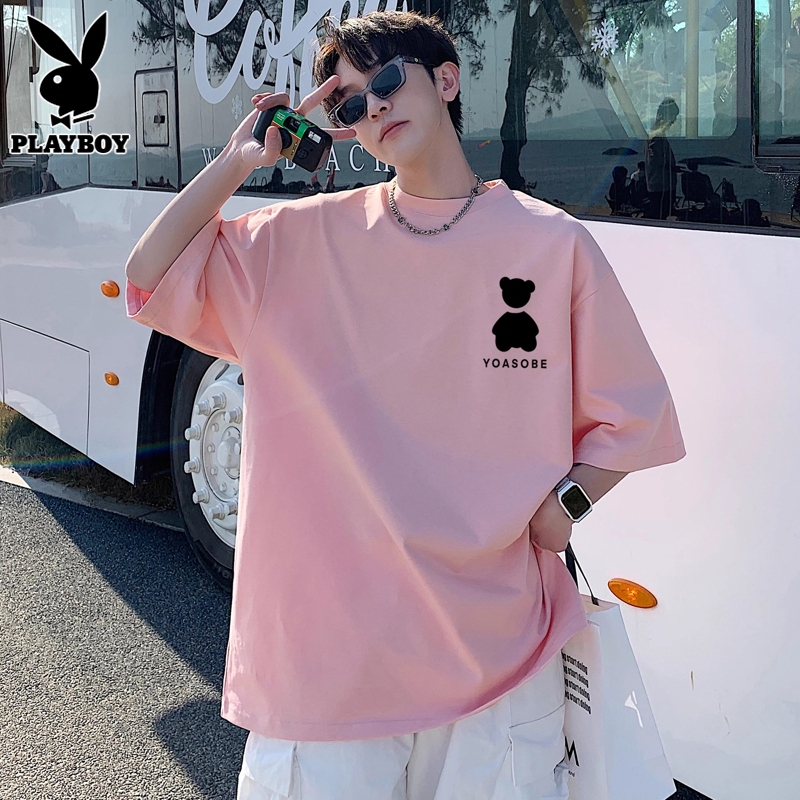 Playboy Pink Bear T-Shirt Men's Pure Cotton Half-Sleeved Clothing Summer New Youth Short-Sleeved T-Shirt Men's T-Shirt
