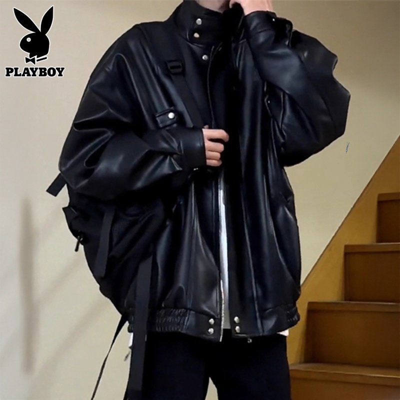 Черная кожаная куртка Playboy, мужская весенняя новинка, высококачественная кожаная куртка в стиле хулигана, красивая мотоциклетная кожаная куртка с воротником-стойкой, мужская одежда