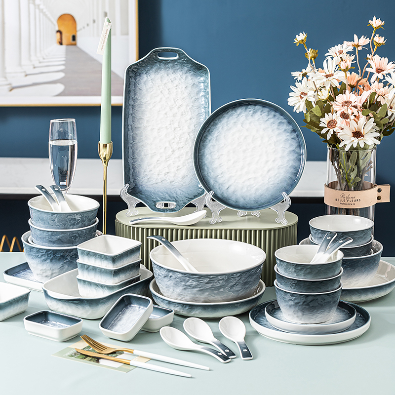 Modern Light Luxury Tableware Nordic Simple ins Style Bowls and Plates Japanese Underglaze Color Creative Gradient Blue Bowl and Plate Set