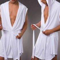 Mens Summer Milk Silk Bathrobe Hooded Sleeveless Bathrobe P