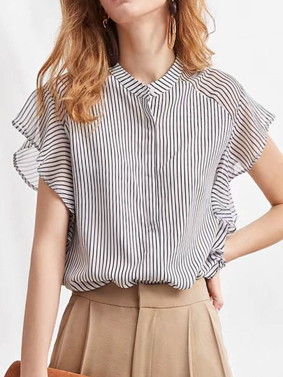 European style vertical striped light and comfortable chiffon shirt summer new style small flying sleeve design casual simple top for women