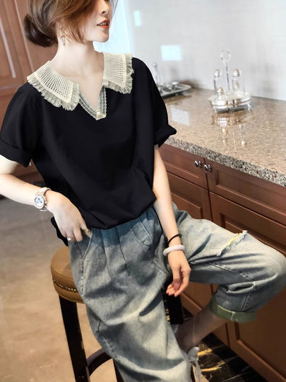 Camisa de manga corta con empalme de encaje francés de estilo ligero y maduro, novedad de verano, top de gasa hueco, transpirable y cómodo con cuello en V