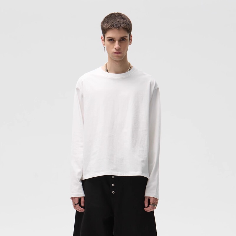 Censmade Basic Solid Color Black and White Commuter Boxy Short Wide Fit Skin-Friendly Pure Cotton Long-Sleeve Base Shirt T-Shirt