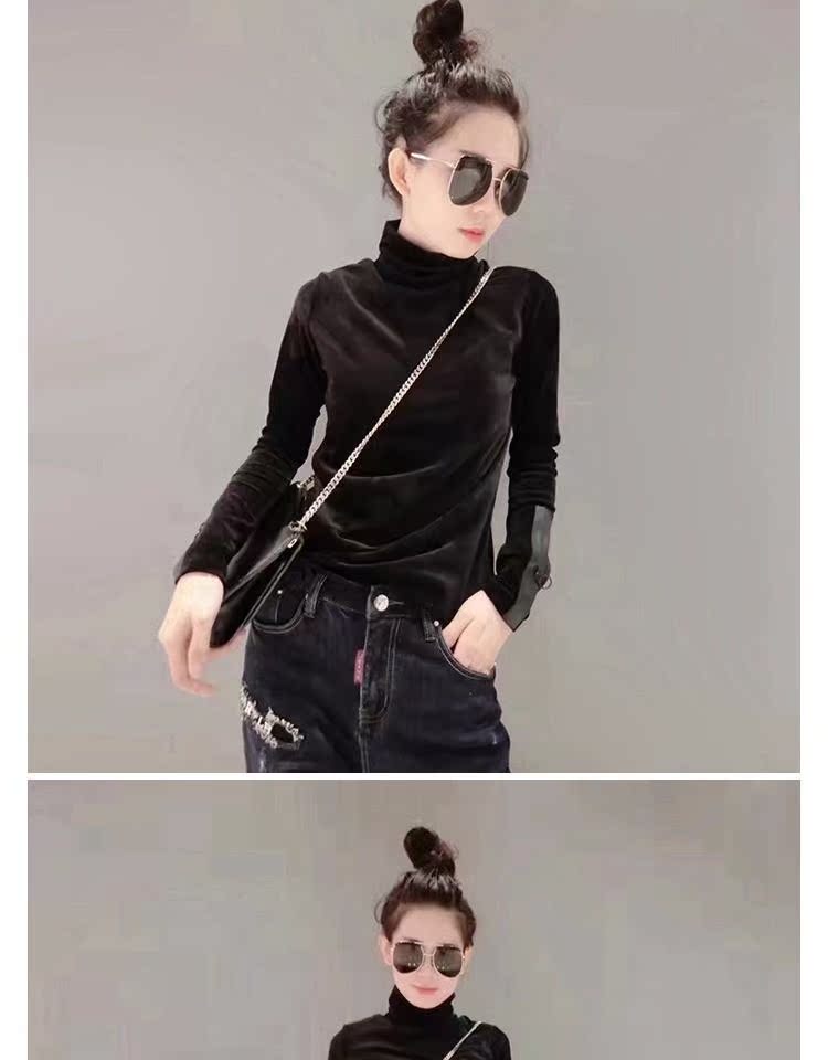 Áo sơ mi nhung vàng châu Âu cổ áo nữ cao cổ áo mỏng áo thun dài tay mùa thu và mùa đông áo sơ mi nữ hoang dã nhỏ áo phông nữ chất đẹp