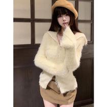 New high-quality fufu imitation mink turtleneck sweater jacket for women in autumn slim fit lazy style knitted cardigan pair