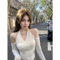 New high-quality halter neck off-shoulder knitted bottoming sweater for women spring red niche pure desire hottie collar short