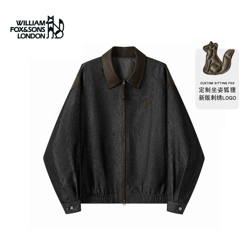 British Little Fox 2026 Autumn Barn Style Retro Matte Denim Color-Block Lapel High-End Jacket for Men