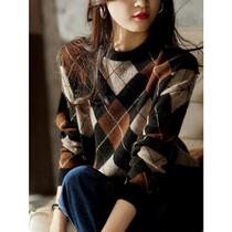 New high-quality goods 465524 Xiaohange British retro style contrasting diamond plaid wool cashmere sweater