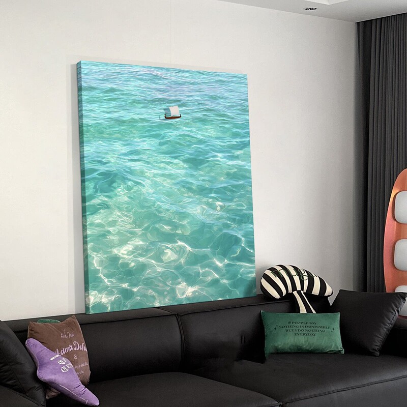 Vertical Blue Ocean Decorative Painting for Living Room Entrance, High-End Artistic Abstract Warm Scenery Wall Art