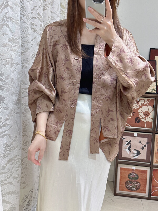 100% Mulberry Silk Apricot Pink Reversible Tea Dress Jacket Shell Dress Same Style as Yang Mi