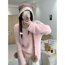 High-quality French sweet and lazy sweater for women in autumn long-sleeved small v-neck design loose casual pullover