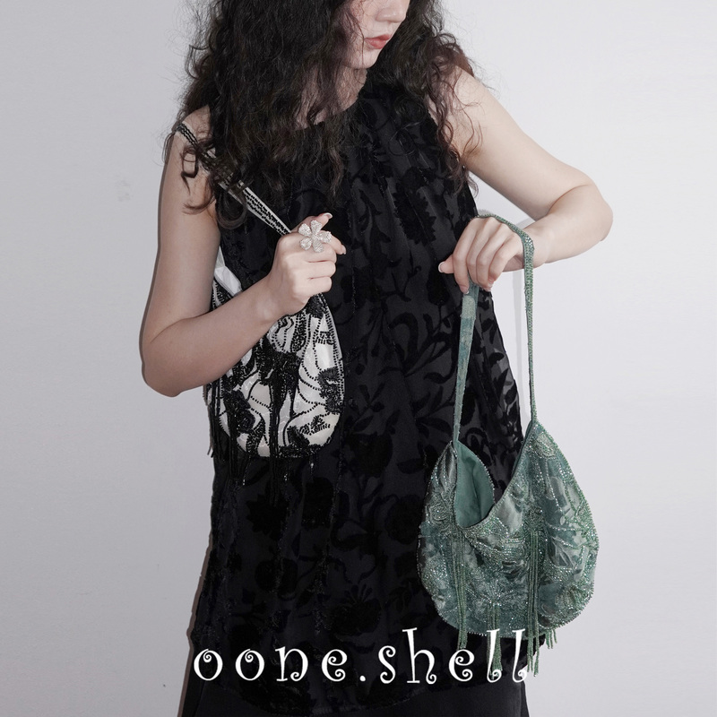 A Shell Original Design Embroidered Underarm Bag with Beaded Tassels Summer Organza Bag Birthday Gift for Girls