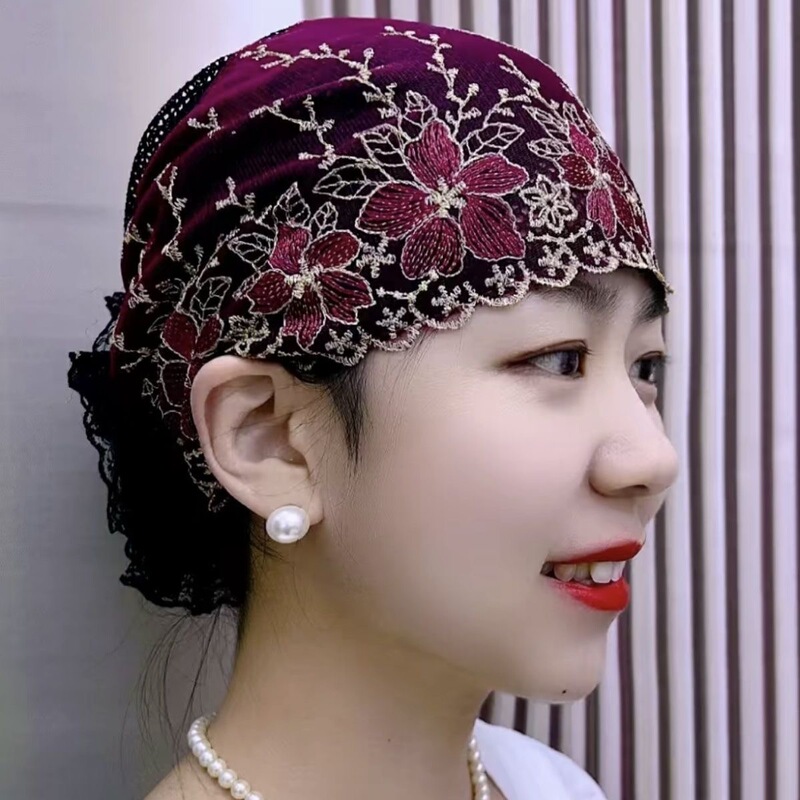 Lace Large Floral Pattern Headscarf to Cover White Hair, Embroidered Fashionable Headscarf, Autumn Ethnic Base Layer, Hair Catcher, Kitchen Hat