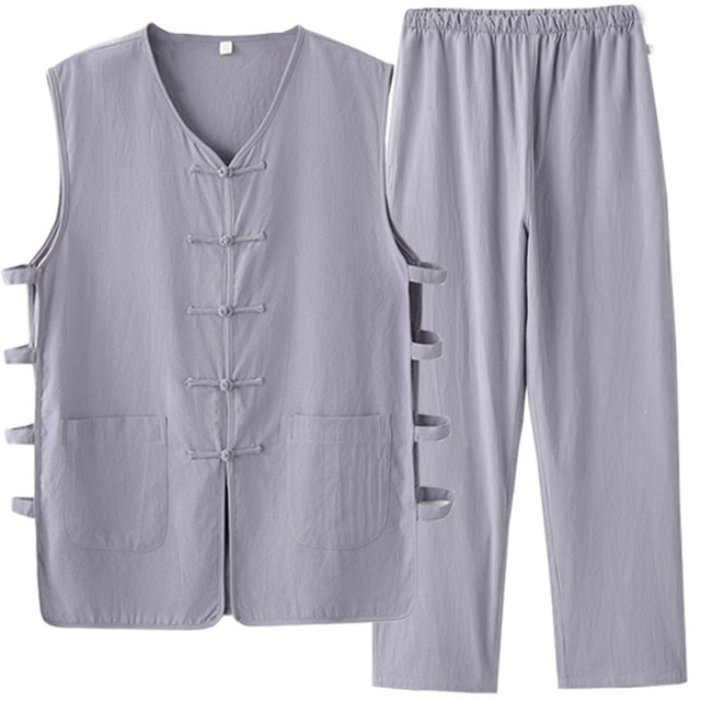 Spot summer ຝ້າຍບາງໆແລະ linen ອາຍຸກາງແລະຜູ້ສູງອາຍຸພໍ່ຈີນ sweat vest trousers ສອງສິ້ນ Han mandarin jacket